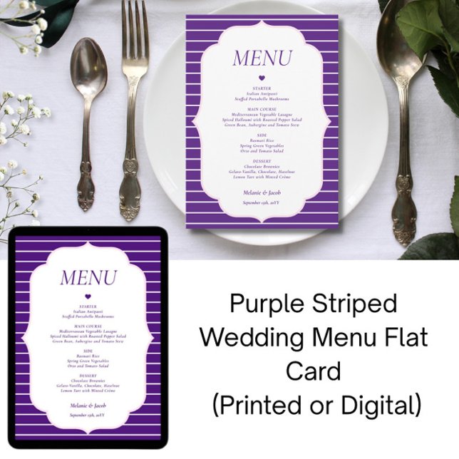 Tarjeta plana de menú de boda con rayas moradas (Subido por el creador)