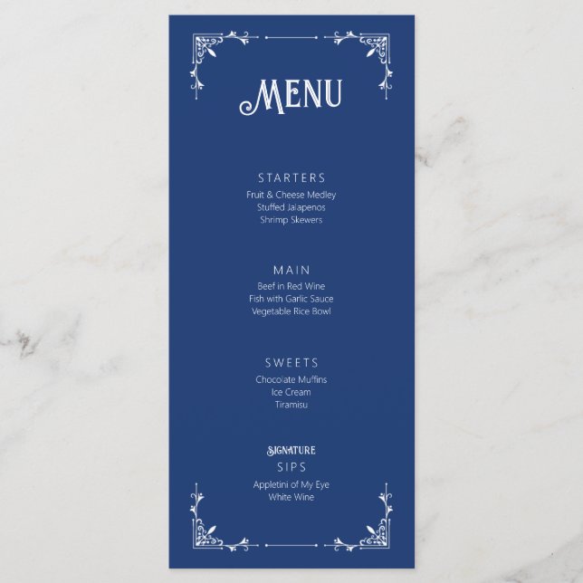 Tarjeta plana de menú de cumpleaños azul de época (Anverso)