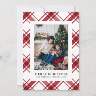 Tarjeta plana de Navidad a cuadros rojos