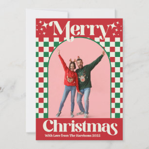 Tarjeta plana de Navidad a cuadros rojos y verdes