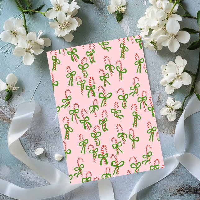 Tarjeta plana de Navidad Candy Canes para Navidade (Cute Christmas Candy Canes Pink Bows Xmas Holiday Flat Card
)