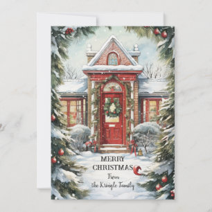 Tarjeta plana de Navidad con arte de puerta roja d