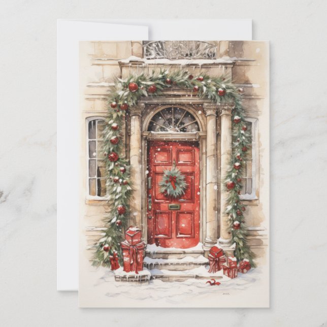 Tarjeta plana de Navidad con arte de puerta roja d (Anverso)