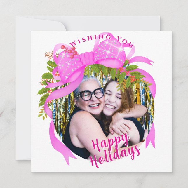 Tarjeta plana de Navidad con cinta rosa brillante (Anverso)