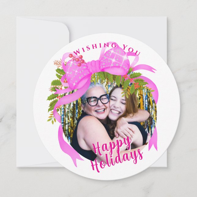 Tarjeta plana de Navidad con cinta rosa brillante (Anverso)