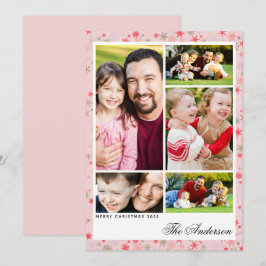 Tarjeta plana de Navidad con copo de nieve rosa y