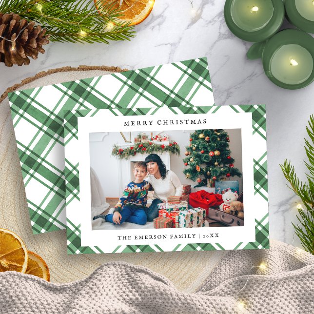 Tarjeta plana de Navidad con cuadros escoceses par (Photo Christmas Plaid Flat Holiday Card
)