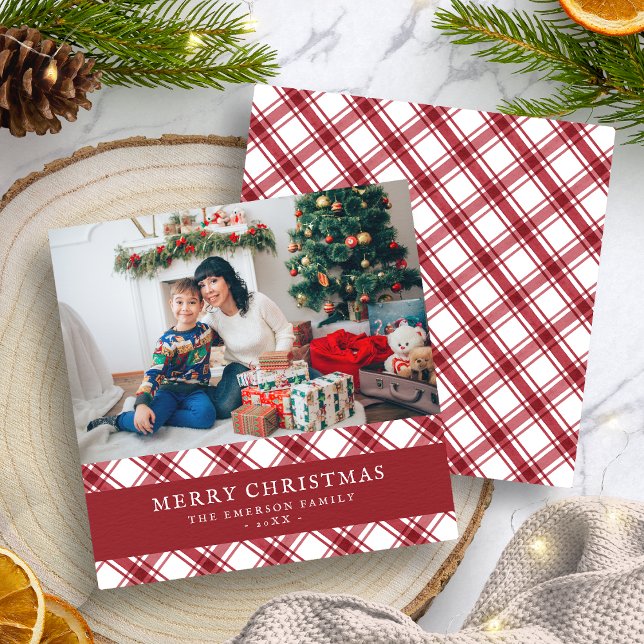 Tarjeta plana de Navidad con cuadros rojos (Red Plaid Merry Christmas Flat Holiday Card
)