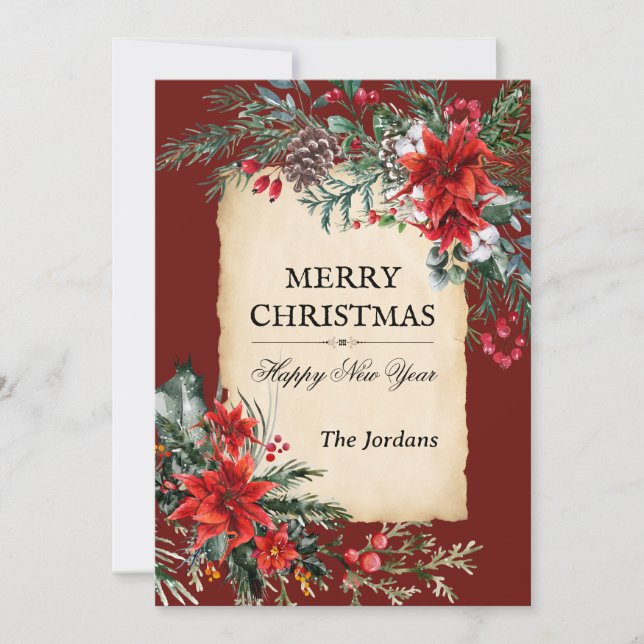 Tarjeta plana de Navidad con floral clásico (Anverso)