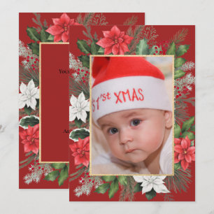 Tarjeta plana de Navidad con flores rojas y foto