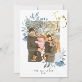Tarjeta plana de Navidad con foto floral azul