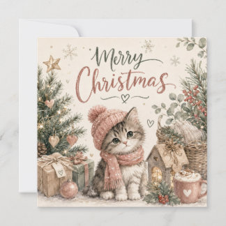 Tarjeta plana de Navidad con gatito adorable