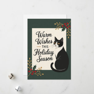 Tarjeta plana de Navidad con gato y deseos cálidos