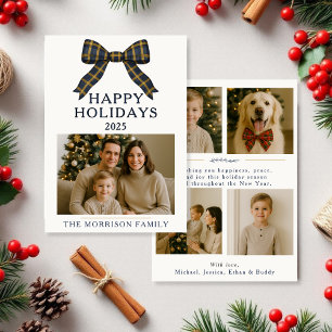 Tarjeta plana de Navidad con lazo de cuadros escoc