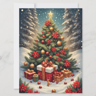 Tarjeta plana de Navidad con poinsettia y árbol