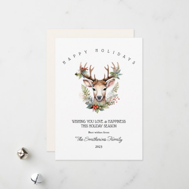 Tarjeta plana de Navidad con Reno de Acuarela (Anverso/Reverso In Situ)