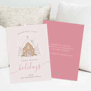 Tarjeta plana de Navidad de casa rosa con guión mi