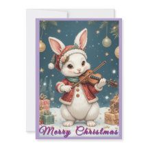 Tarjeta plana de Navidad de conejo tocando el viol