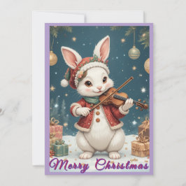 Tarjeta plana de Navidad de conejo tocando el viol