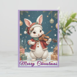 Tarjeta plana de Navidad de conejo tocando el viol
