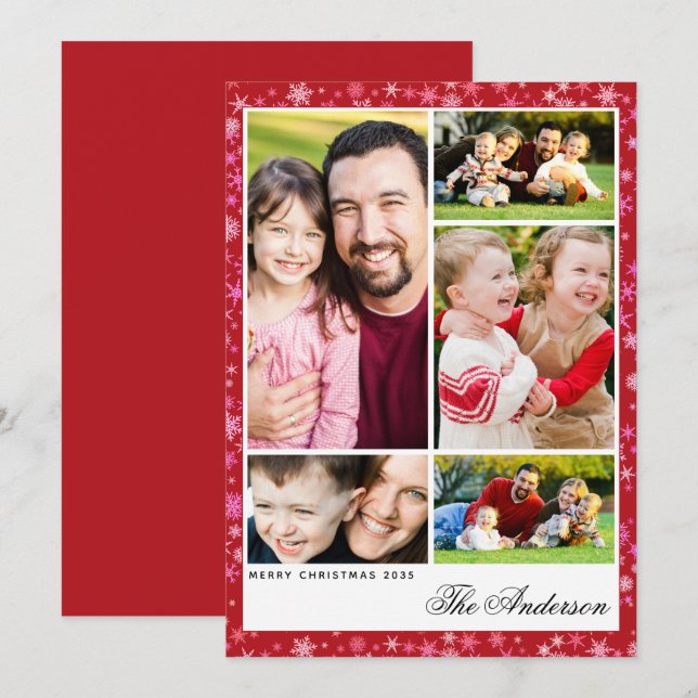 Tarjeta plana de Navidad de copo de nieve rojo con (Anverso / Reverso)