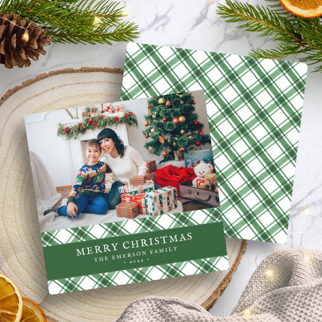 Tarjeta plana de Navidad de cuadros verdes (Green Plaid Christmas Flat Holiday Card
)