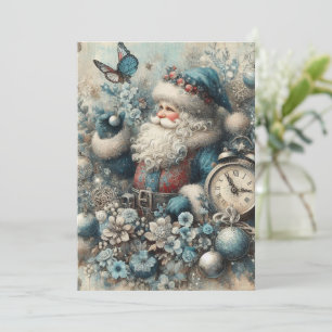 Tarjeta plana de Navidad de Papá Noel azul vintage