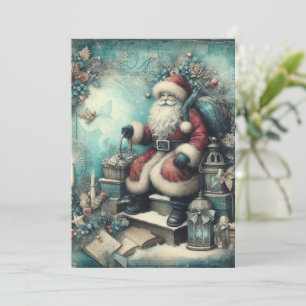 Tarjeta plana de Navidad de Papá Noel azul vintage