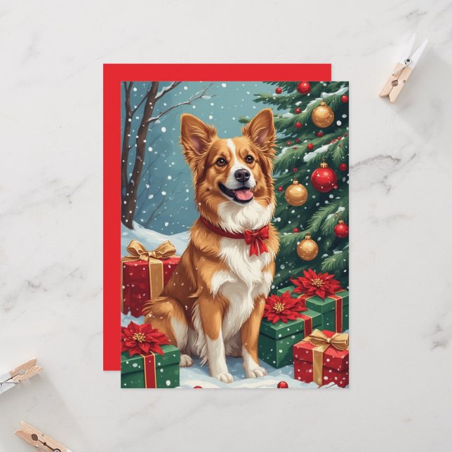 Tarjeta plana de Navidad de perro marrón y blanco (Anverso/Reverso In Situ)