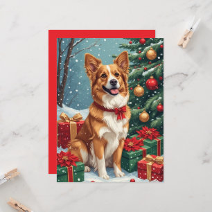 Tarjeta plana de Navidad de perro marrón y blanco