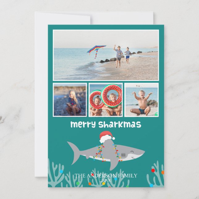 Tarjeta plana de Navidad divertida de tiburón (Anverso)