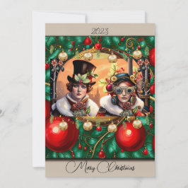 Tarjeta plana de Navidad Steampunk Two Hearts
