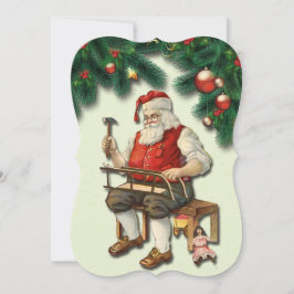 Tarjeta plana de Navidad Vintage Santa Making Toys