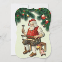 Tarjeta plana de Navidad Vintage Santa Making Toys