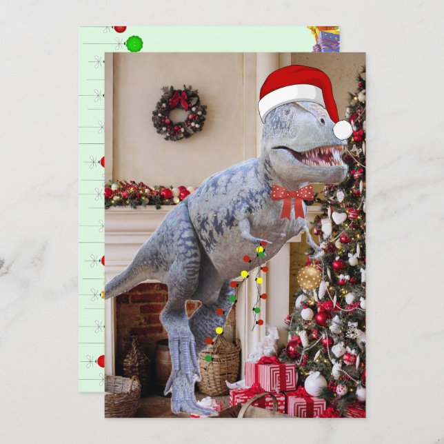 Tarjeta plana de Navidades de dinosaurios (Anverso / Reverso)