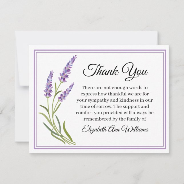 Tarjeta plana de nota funeral de lavanda duelo (Anverso)