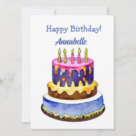 Tarjeta plana de pastel de cumpleaños azul y púrpu