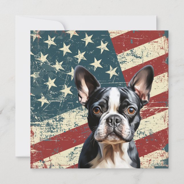 Tarjeta plana de perro Boston Terrier con bandera  (Anverso)