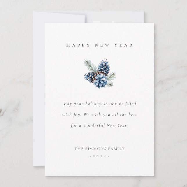 Tarjeta plana de pinecones azules de Año Nuevo (Anverso)