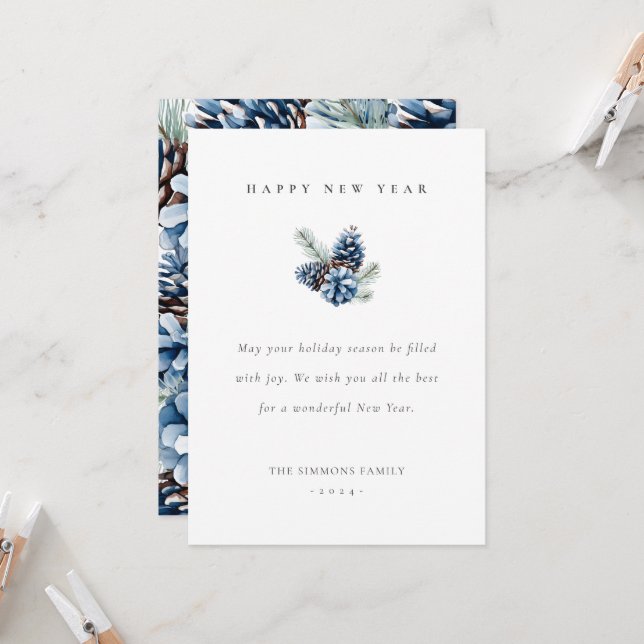 Tarjeta plana de pinecones azules de Año Nuevo (Anverso/Reverso In Situ)