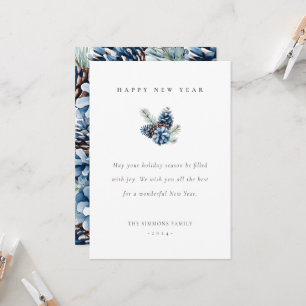 Tarjeta plana de pinecones azules de Año Nuevo
