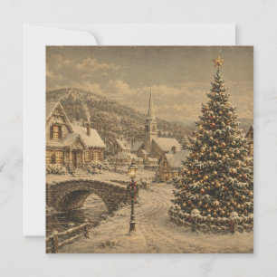 tarjeta plana de pueblo nevado vintage