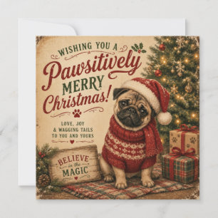 tarjeta plana de pug de navidad vintage