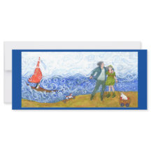 Tarjeta plana de saludo en barco, bádculas y patin