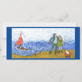 Tarjeta plana de saludo en barco, bádculas y patin