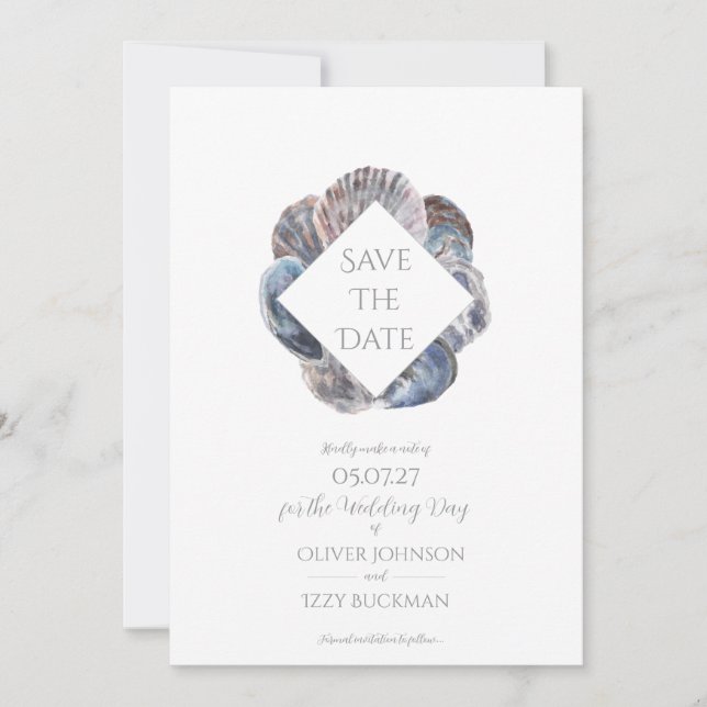 Tarjeta plana de 'Save the Date' con conchas marin (Anverso)