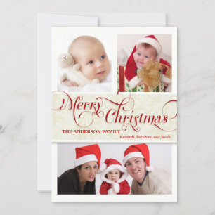Tarjeta plana de tres fotos de navidad - rojo y bl