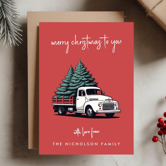 Tarjeta plana de vacaciones | Camión de entrega de ( A vintage inspired delivery truck flat holiday card design with retro festive flair)