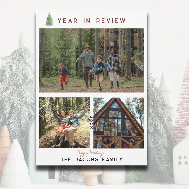 Tarjeta plana de vacaciones con collage de fotos d (Year in Review Photo Collage Flat Holiday Card)