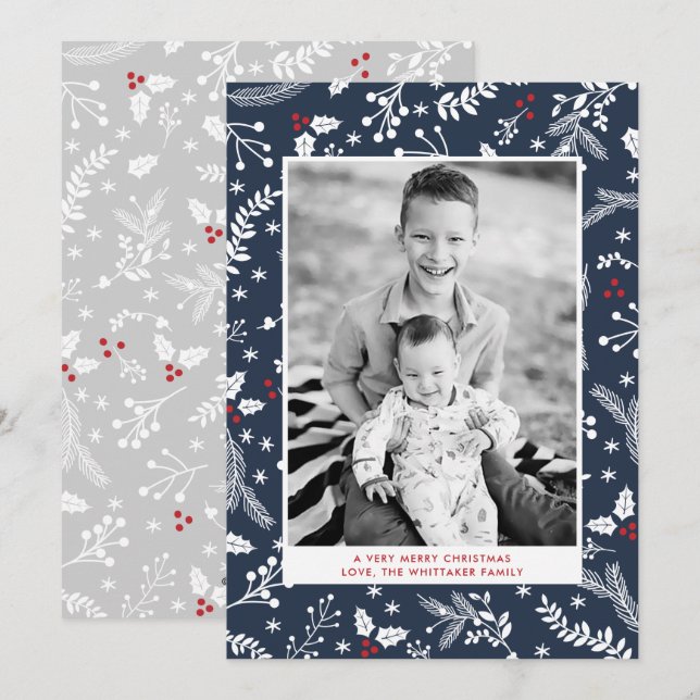 Tarjeta plana de vacaciones de Navidad con bayas a (Anverso / Reverso)